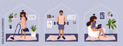 Stay or work from home. Girl doing housework, working on laptop. Man does exercise. Gym, sport, fitness training at home. Stay positive and healthy. Isolation, coronavirus quarantine. Illustration set