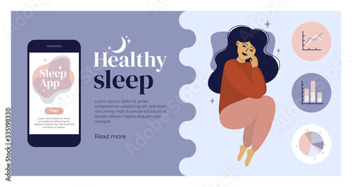 Healthy sleep concept. Young woman and sweet dreams. Sleep tracker, diagnostic app with analysis, graph of stages, diagram. Mobile phone screen. Design template with pose of sleeping for flyer, layout
