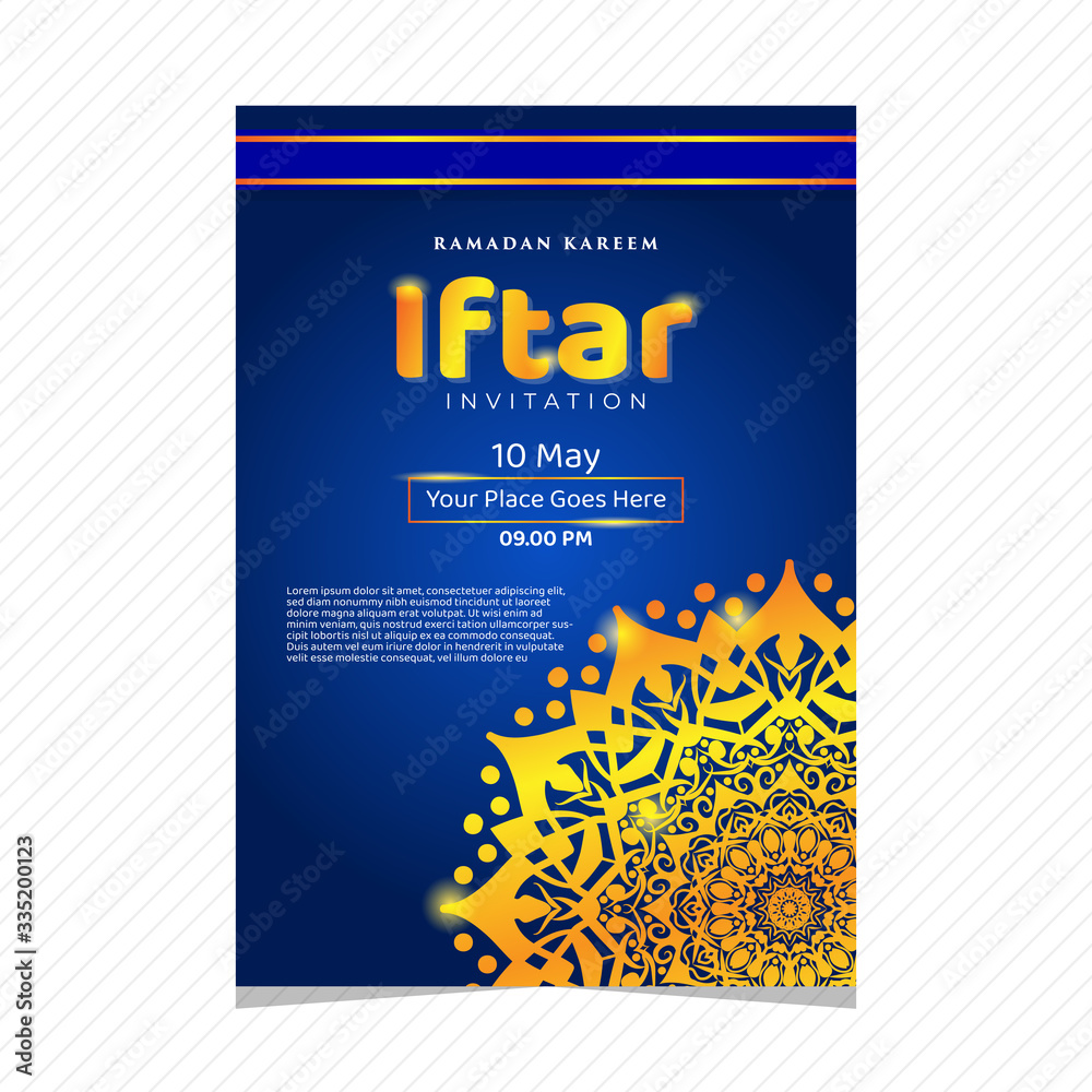 Obraz premium Iftar party celebration concept flyer. Vector Illustration. Islamic Holy Month, Ramadan Kareem. Typography template for text