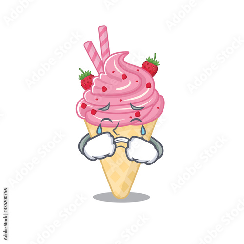 Cartoon character design of strawberry ice cream with a crying face