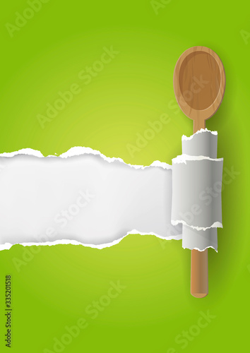 Green vegetarian Cookbook background.
Illustration of torn paper with wooden spoon. Place for your text or image. Vector available.