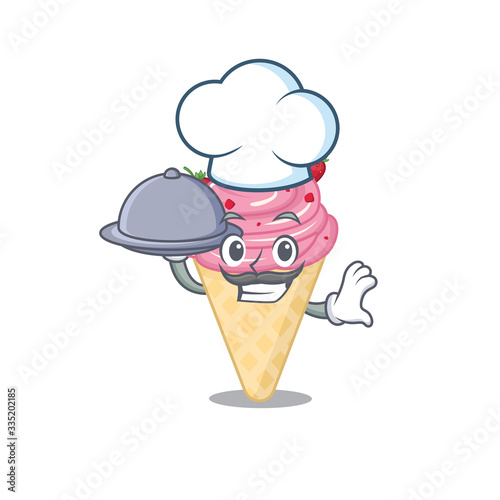 Strawberry ice cream chef cartoon character serving food on tray