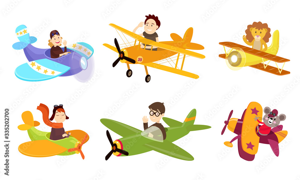 People and animals pilots riding small planes over white background