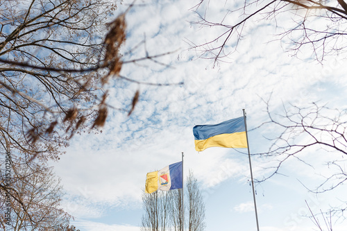 Ukrainian yellow and blue flag and coat of arms of Ukrainian town Izmail flying on blue cloudy sky background with tree btanches. photo