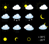 Weather icons isolated over black background, vector illustration