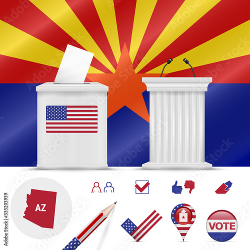 Presidential elections in Arizona. Vector flag, ballot box, speaker's podium, map and voting icon set