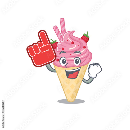 Strawberry ice cream presented in cartoon character design with Foam finger