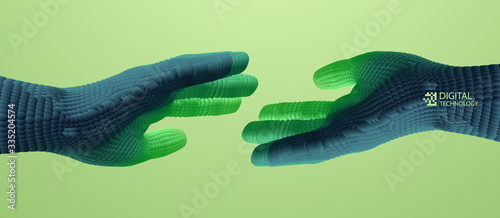 Hands reaching towards each other. Concept of human relation, togetherness or  partnership. Connection structure. 3D vector illustration.