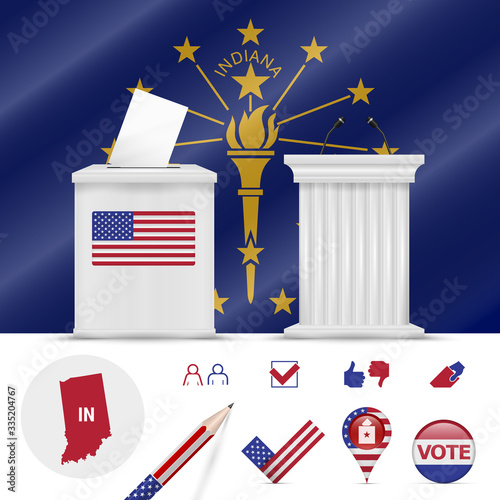 Presidential elections in Indiana. Vector flag, ballot box, speaker's podium, map and voting icon set