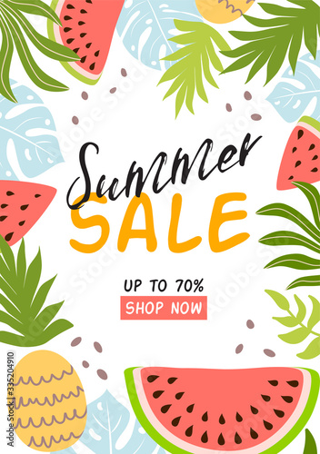 Summer sale banner. Summer background with tropical leaves fruits Tropic sale template Vertical special offer for social network