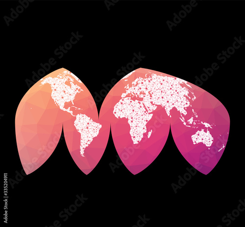 World network map. Boggs interrupted eumorphic projection. Wired globe in Interrupted Boggs projection on geometric low poly background. Beautiful vector illustration.