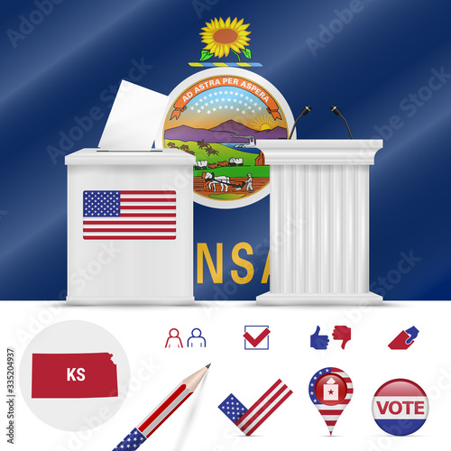 Presidential elections in Kansas. Vector flag, ballot box, speaker's podium, map and voting icon set