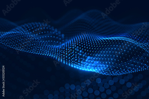 Moving neon blue dots pattern forming a digital network connection on dark background