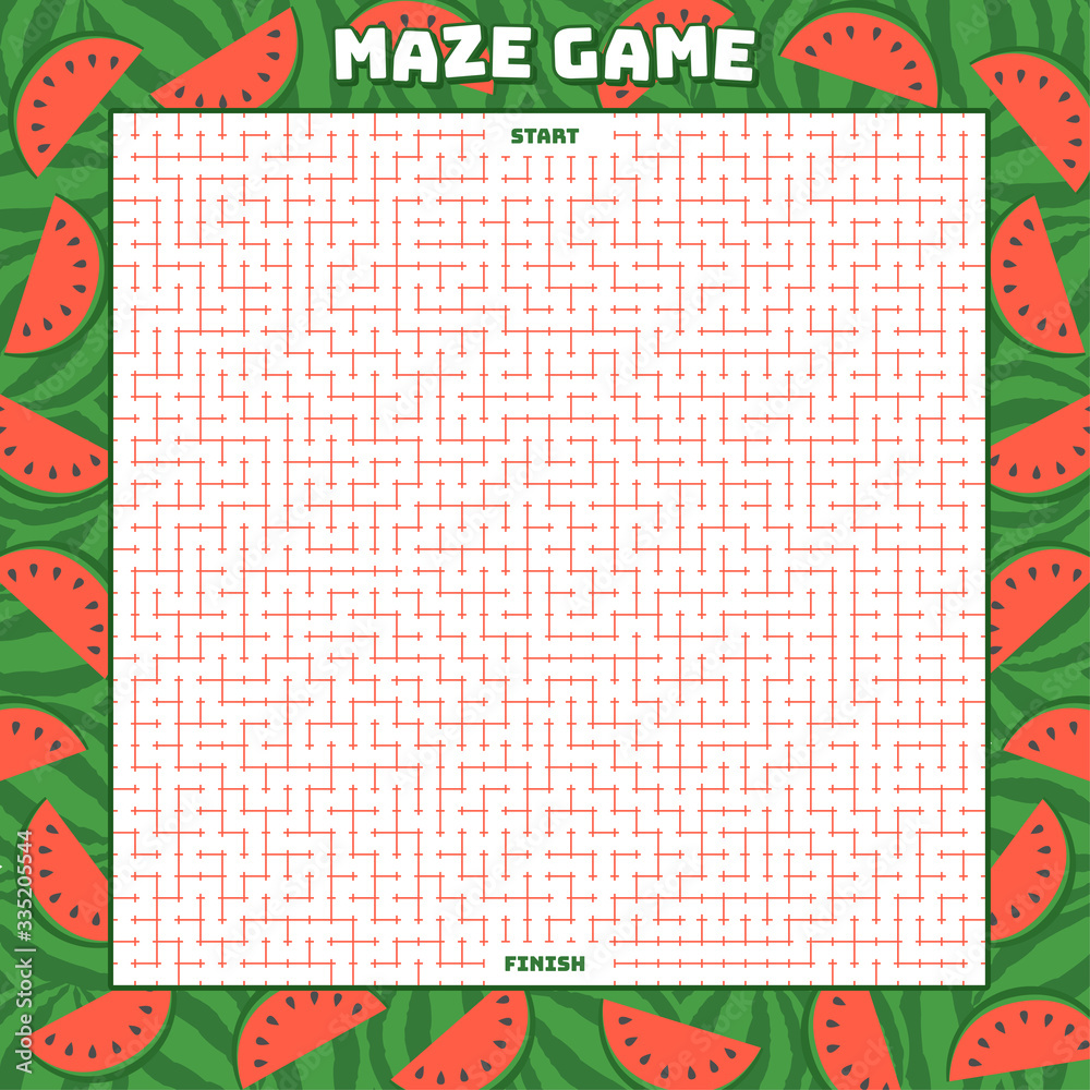 Maze puzzle game with watermelon background. Labyrinth conundrum hard  level. Stock Vector | Adobe Stock