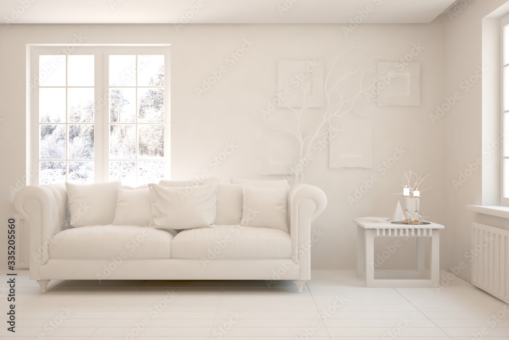 Fototapeta premium White minimalist living room with sofa. Scandinavian interior design. 3D illustration