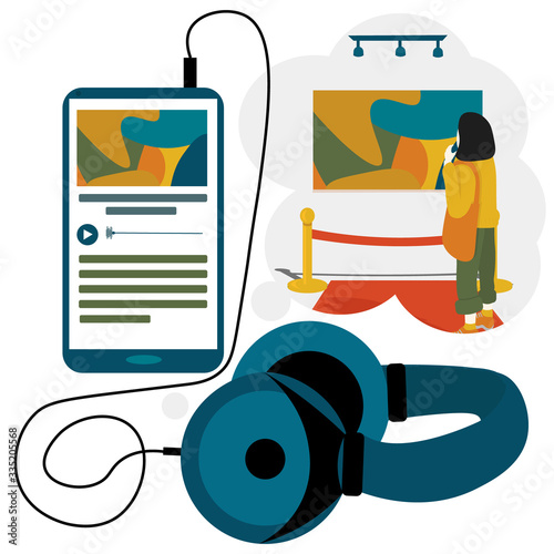 phone and big headphones with running program play 
soundtrack. Concept online guide or audio book.  Self education and cultural development. Illustration in flat style. 