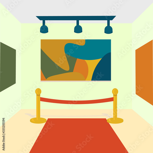Museum or gallery modern art  inside. famous expencive impressionism picture on the wall. red carpet and fence post. Illustration in flat style