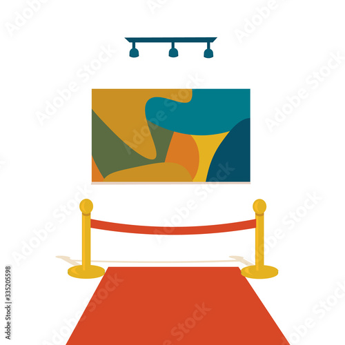 Museum or gallery modern art  inside. famous expencive impressionism picture on the wall. red carpet and fence post. Illustration in flat style