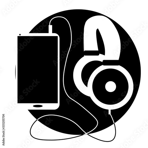 black and white phone and big wired headphones. Concept for online music, audio book, podcast and audio guide. Illustration in flat style. 