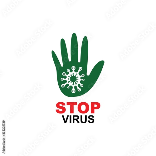 Say STOP to virus, bacteria, fungi and infections. Vector illustration of virus with red stop sign and hand gesture stop on white background
