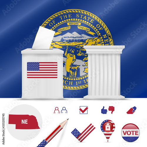 Presidential elections in Nebraska. Vector flag, ballot box, speaker's podium, map and voting icon set