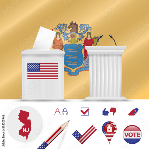 Presidential elections in New Jersey. Vector flag, ballot box, speaker's podium, map and voting icon set