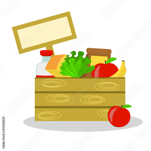 foodstuffs in wooden box. Delivery from grocery store. Illustration in flat style. Popular food - milk, cheese, fruits and vegetables in basket. 