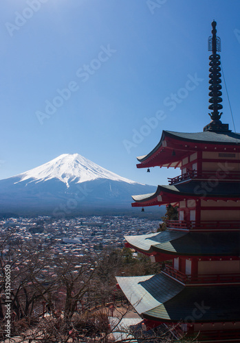 Chureito Pagoda in the Five Lakes Region and the highest mountain of Japan  Mt Fuji  in the distance