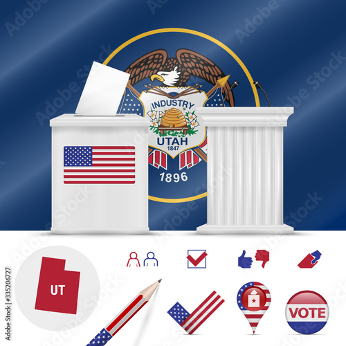 Presidential elections in Utah. Vector flag, ballot box, speaker's podium, map and voting icon set