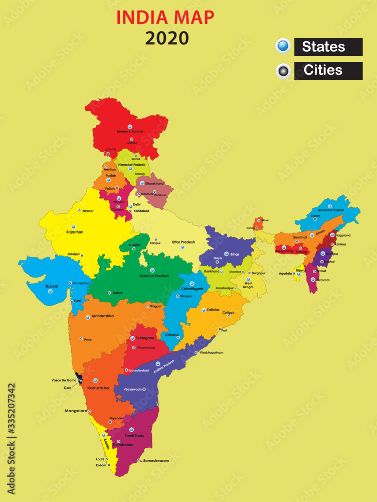 India Map 2020 Hd Popular Cities In India.india Map In 2020 With Colouring State.vector  Illustration Of State And City Map Of India. Stock Illustration | Adobe  Stock