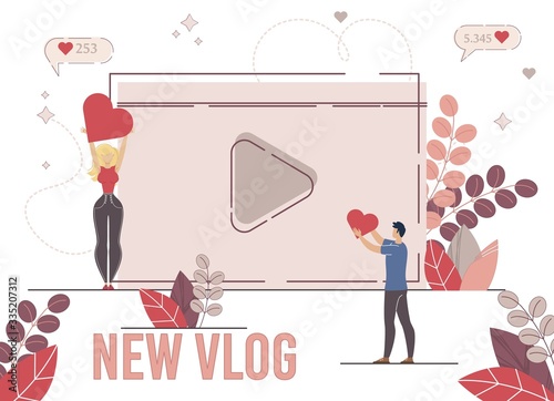 Social Network User, Blogger Follower, Vlogger Subscriber Concept. Blogging People, Man and Woman Holding Hearts above Heads, Online User Liking, Sharing Video Content Trendy Flat Vector Illustration