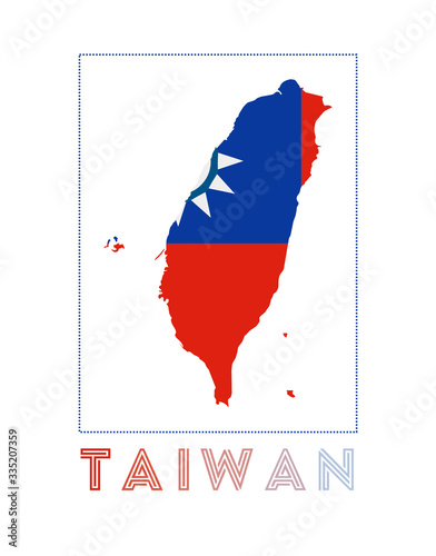 Taiwan Logo. Map of Taiwan with country name and flag. Astonishing vector illustration.
