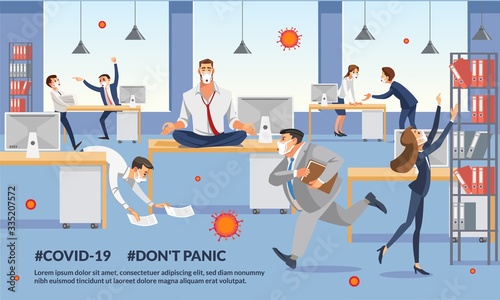 Man Boss Remains Calm in Midst Coronovirus Panic. Business Man Sitting on Table and Ceep Calp in Meditation Relax. Office Workers Stressing and Hurry up with Deadline. Fun Cartoon Characters