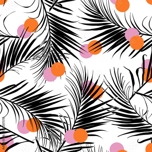 Vector seamless pattern of silhouette palm leaves summer tropical mood prints mixed with colorful  polka dots Design for fashion,fabric,web,wallpaper,wrapping and all prints
