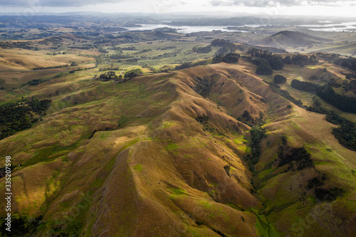 Aerial view on farmland early in the morning at Ruawai area in Northland, New Zealand.