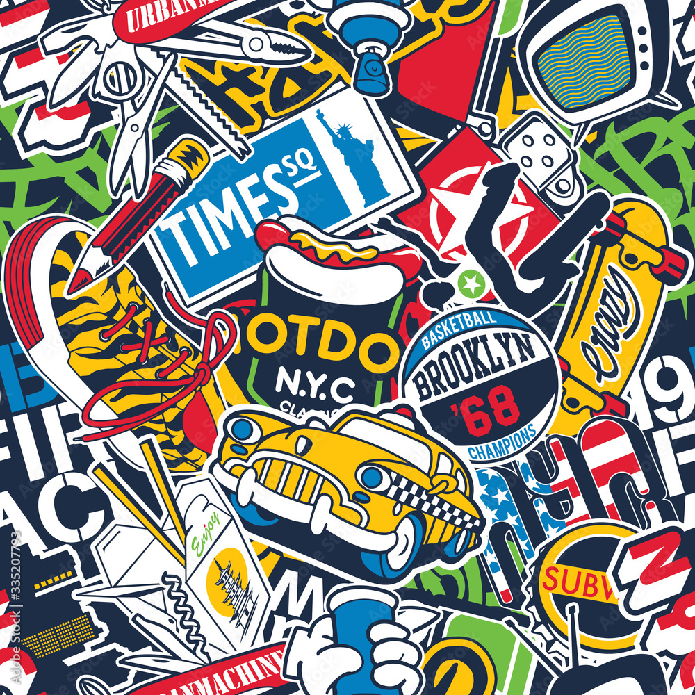 New York City urban stickers patchwork abstract vector seamless pattern New York City urban stickers patchwork abstract vector seamless pattern