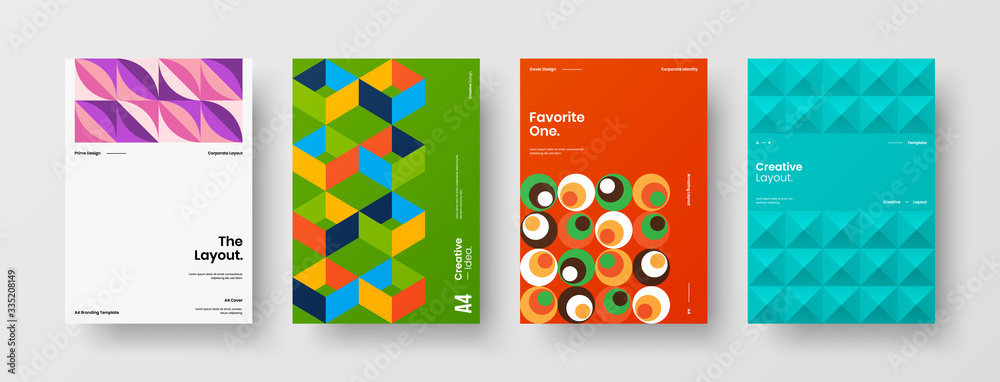 Company identity brochure template collection. Business presentation vector A4 vertical orientation front page mock up set. Corporate report cover abstract geometric illustration design layout bundle.