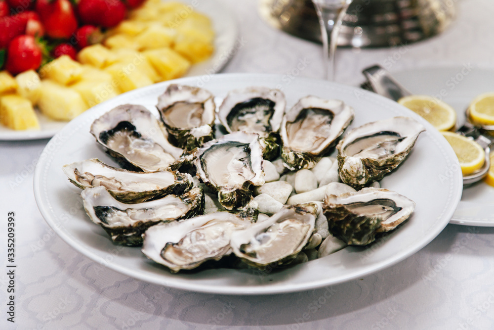 Oysters on a round plate in a restaurant Oysters on a round plate in a restaurant