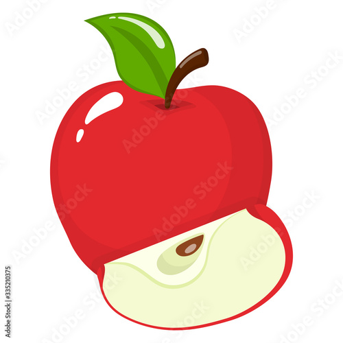 Fresh whole and slice red apple isolated on white background. Organic fruit. Cartoon style. Vector illustration for any design.