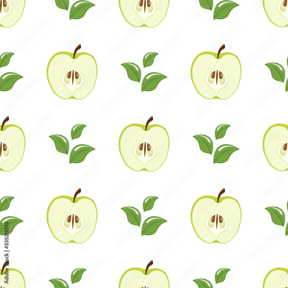 Seamless pattern with green half apples and leaves on white background. Organic fruit. Cartoon style. Vector illustration for design, web, wrapping paper, fabric, wallpaper. Seamless pattern with green half apples and leaves on white background. Organic fruit. Cartoon style. Vector illustration for design, web, wrapping paper, fabric, wallpaper.