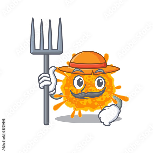 Cartoon character design of nobecovirus as a Farmer with hat and pitchfork