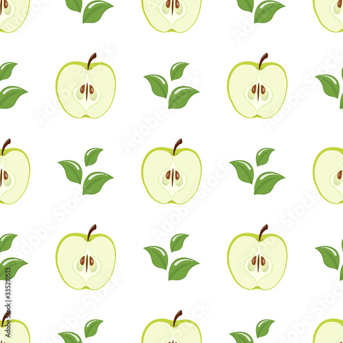 Seamless pattern with green half apples and leaves on white background. Organic fruit. Cartoon style. Vector illustration for design, web, wrapping paper, fabric, wallpaper.