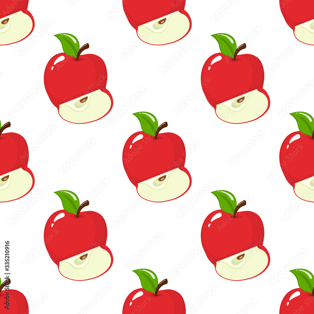 Seamless pattern with red whole and slice apples on white background. Organic fruit. Cartoon style. Vector illustration for design, web, wrapping paper, fabric, wallpaper.