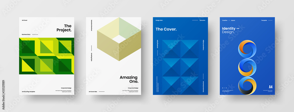 Fototapeta premium Company identity brochure template collection. Business presentation vector A4 vertical orientation front page mock up set. Corporate report cover abstract geometric illustration design layout bundle.