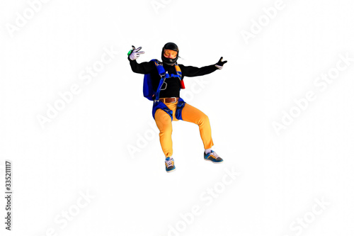 Adrenaline. Extreme sky for free people. No rules in open air. Parachutist in professional suit is in free fall. Skydiving is a sport of the future. 