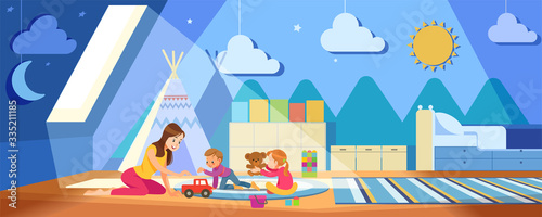 Children's creativity. Mother And Children Playing With toys in the cozy playroom during coronavirus crisis. Concept motherhood child-rearing. Stay at home vector cartoon illustration
