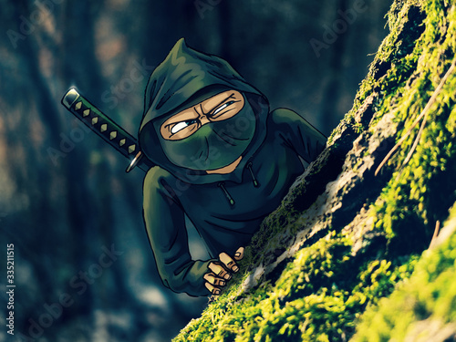 A mixed technique raster illustration of ninja the shadow warrior, looking out from behind a tree. (ID: 335211515)