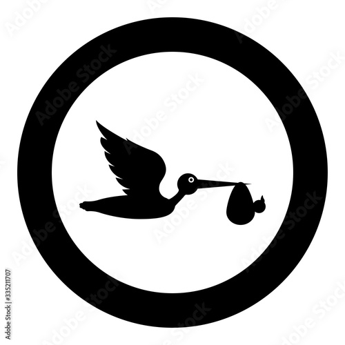 Stork carries baby in bag Flying bird with kind in beak bundle icon in circle round black color vector illustration flat style image