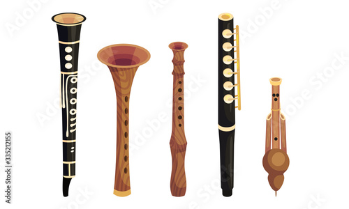 Wind Wooden Musical Instruments Isolated on White Background Vector Set