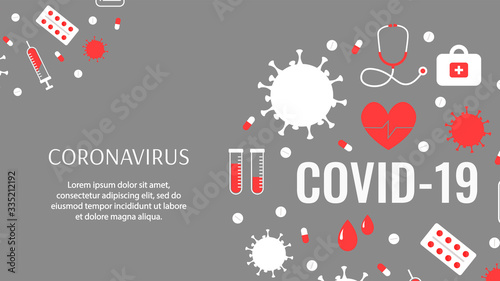 Banner design template for Coronavirus, Epidemic, Medicine, Health care. Medical icons and viruses. Vector illustration for poster, banner, flyer, cover.